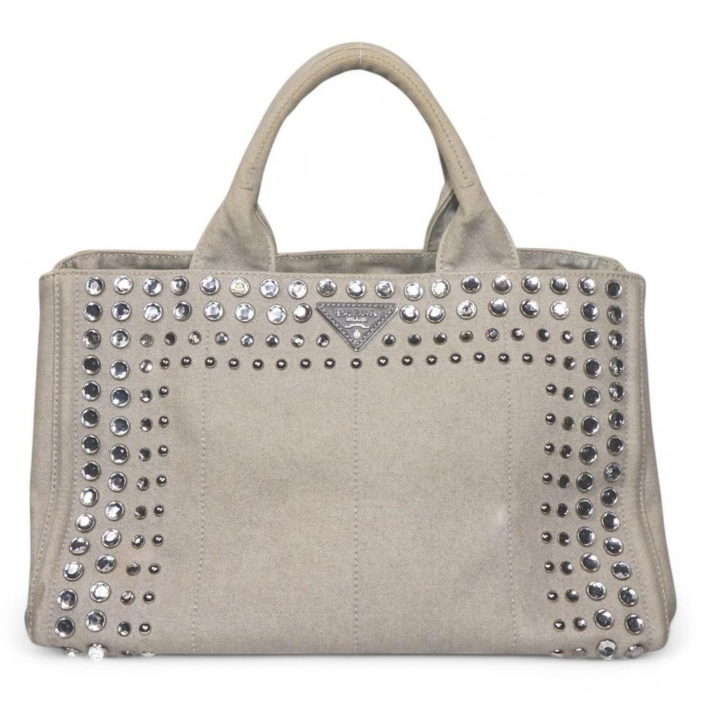 PRADA- Gray Canapa Studded Crystal 2 Way Hand Tote Bag